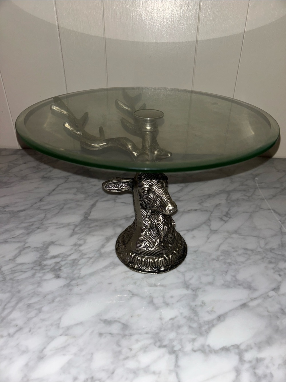 Glass Cake Stand with Silver Deer Head Pedestal - Picture 5 of 7